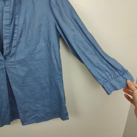 Ann Taylor Linen Top Womens 10 Blue Split Neck 3/4 Sleeve Preppy Beachy Light - Picture 5 of 9
